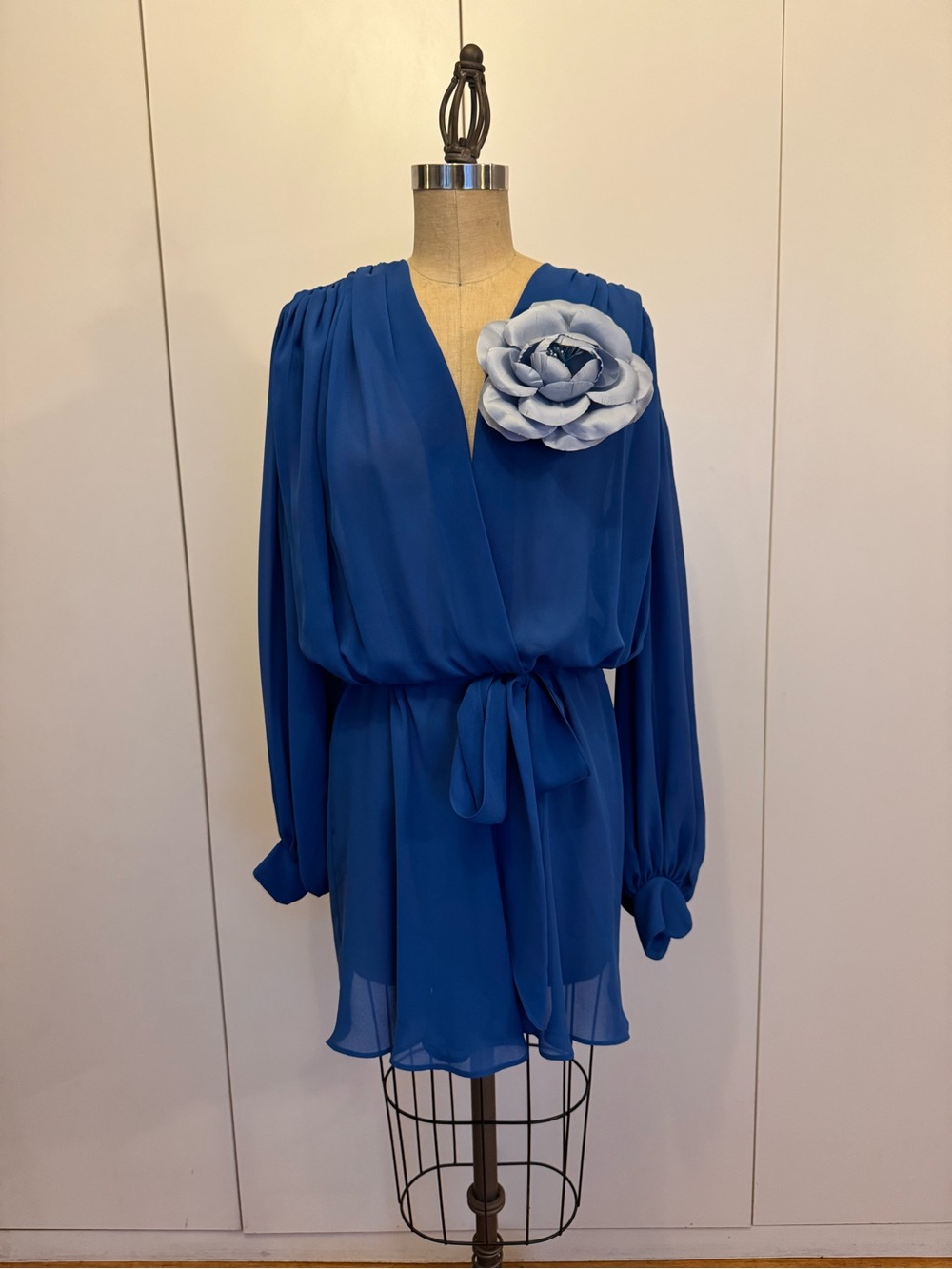 80’s Royal Blue Chiffon Wrap dress with Flower Pin